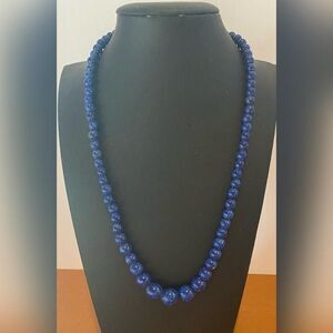 Blue Lapis Lazuli Beaded Necklace Silver Tone Box Clasp Statement 17” Vintage